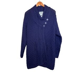 Aran Crafts 100% Merino Wool Cable Knit Coatigan in Navy Blue Women’s Large